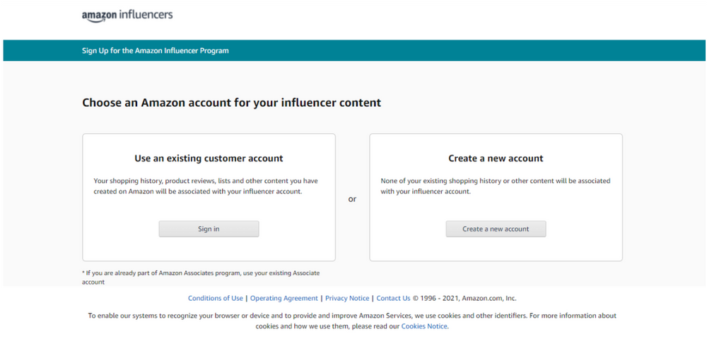 A screenshot of the "create an account" step for Amazon influencer content.