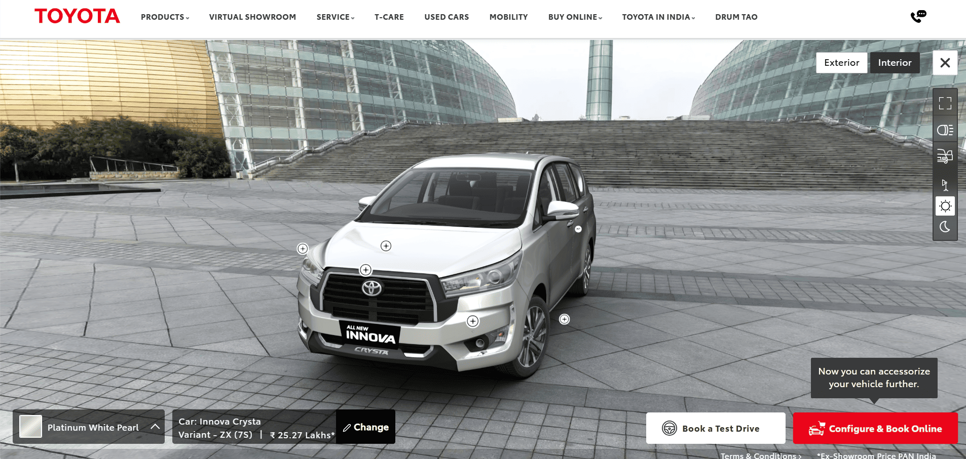 Interactive Toyota virtual showroom showing car model with AR and 3D viewing tools.