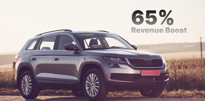 Marketing mix modeling case study graphic showing revenue impact for an auto dealer.