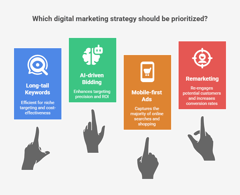 Graphic noting digital marketing strategies: keywords, bidding, mobile ads, remarketing.