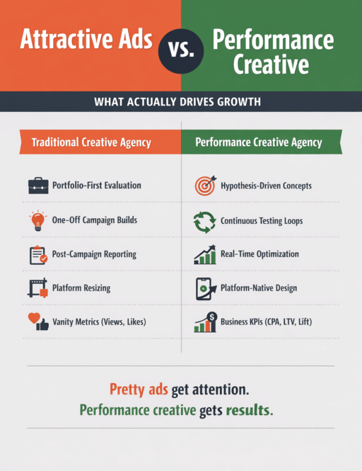 A comparison infographic contrasting traditional creative agencies with performance creative agencies, highlighting testing, optimization, platform-native design, and business KPIs versus vanity metrics.