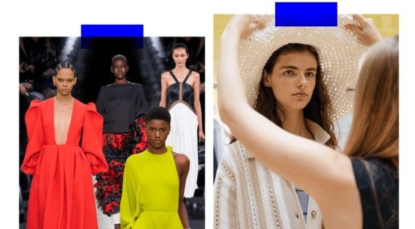 A case study visual from Fastfwd featuring Vogue, with runway fashion models on the left and a behind-the-scenes styling moment on the right.