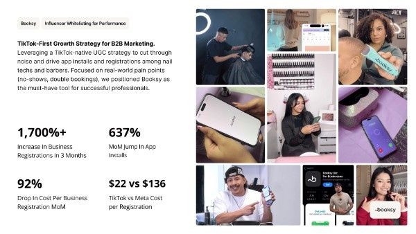 An inBeat case study slide for Booksy showing TikTok UGC content, campaign results, and performance metrics highlighting growth in registrations and app installs.