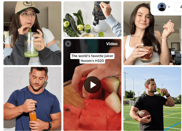 A grid of influencer and UGC content from an inBeat case study for Hurom, featuring creators using juicers and drinking fresh juice in lifestyle settings.