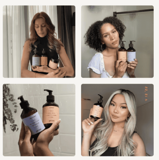 A grid of UGC creators from inBeat promoting Prose hair care products, with influencers holding customized bottles in lifestyle and bathroom settings.