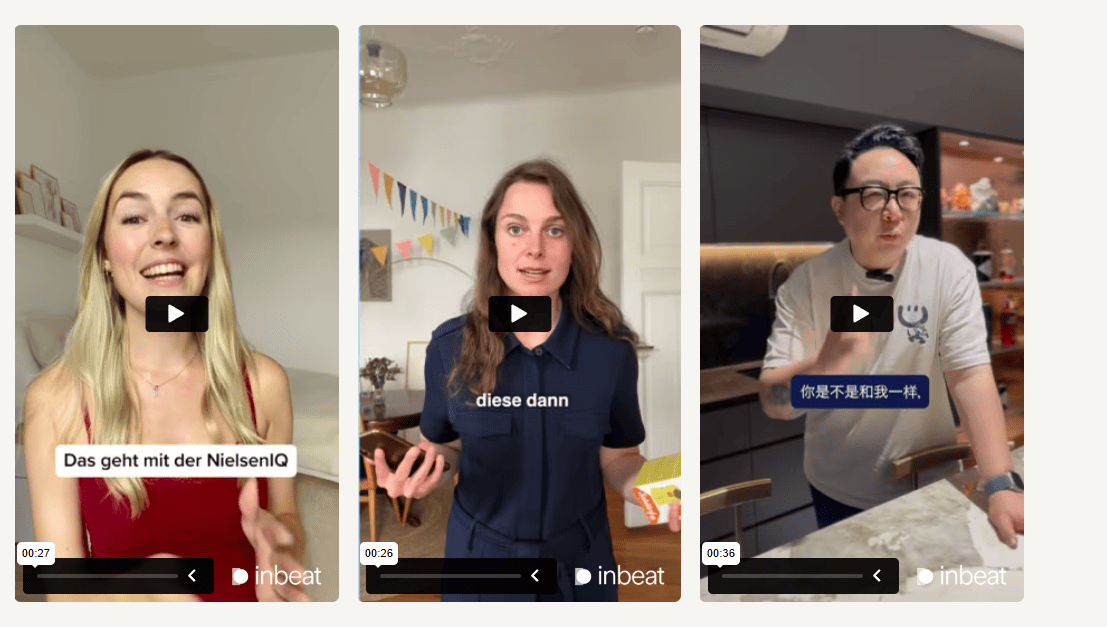 Three short-form video thumbnails from inBeat showing UGC creators speaking to camera and presenting products in home and kitchen settings.