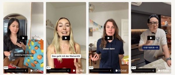 A grid of short-form video thumbnails featuring diverse UGC creators from inBeat speaking on camera and demonstrating products in casual home environments.