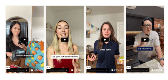 A grid of short-form video thumbnails featuring UGC creators from inBeat speaking to camera and showcasing products in home settings.