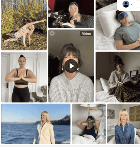 A grid of UGC content from inBeat featuring wellness and lifestyle creators sharing routines such as meditation, sleep, reading, and outdoor activities.