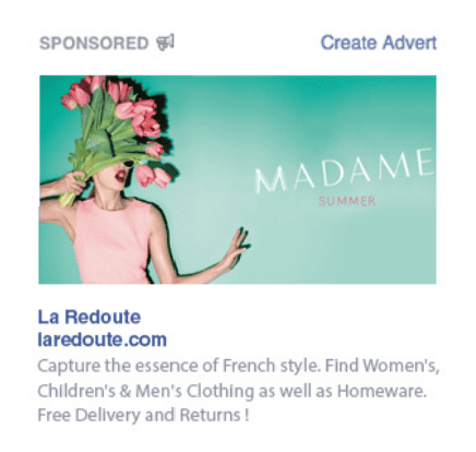 A sponsored social media ad for La Redoute featuring a woman holding flowers over her face, promoting the Madame Summer collection.