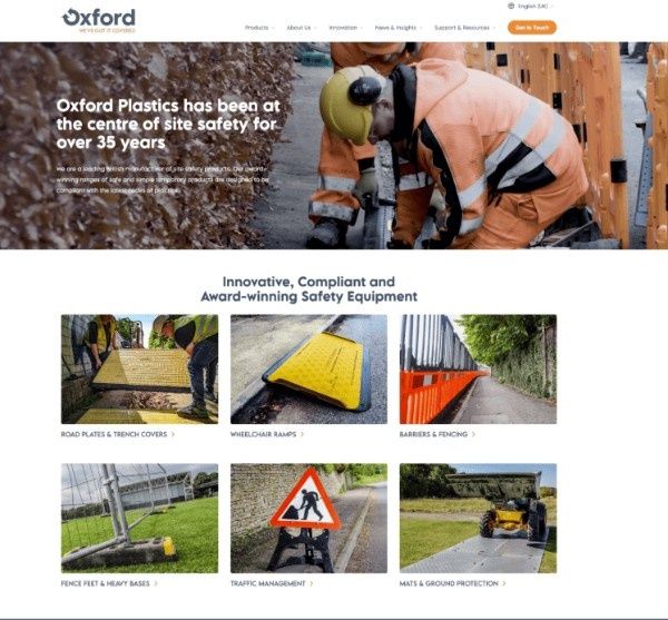 Case study screenshot from M3 Agency showcasing Oxford Plastics, featuring construction safety products and site safety equipment categories.