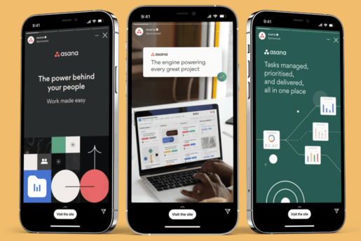 A set of three mobile Instagram ads from a Make Agency case study for Asana, showcasing branded visuals and messaging about project and task management.