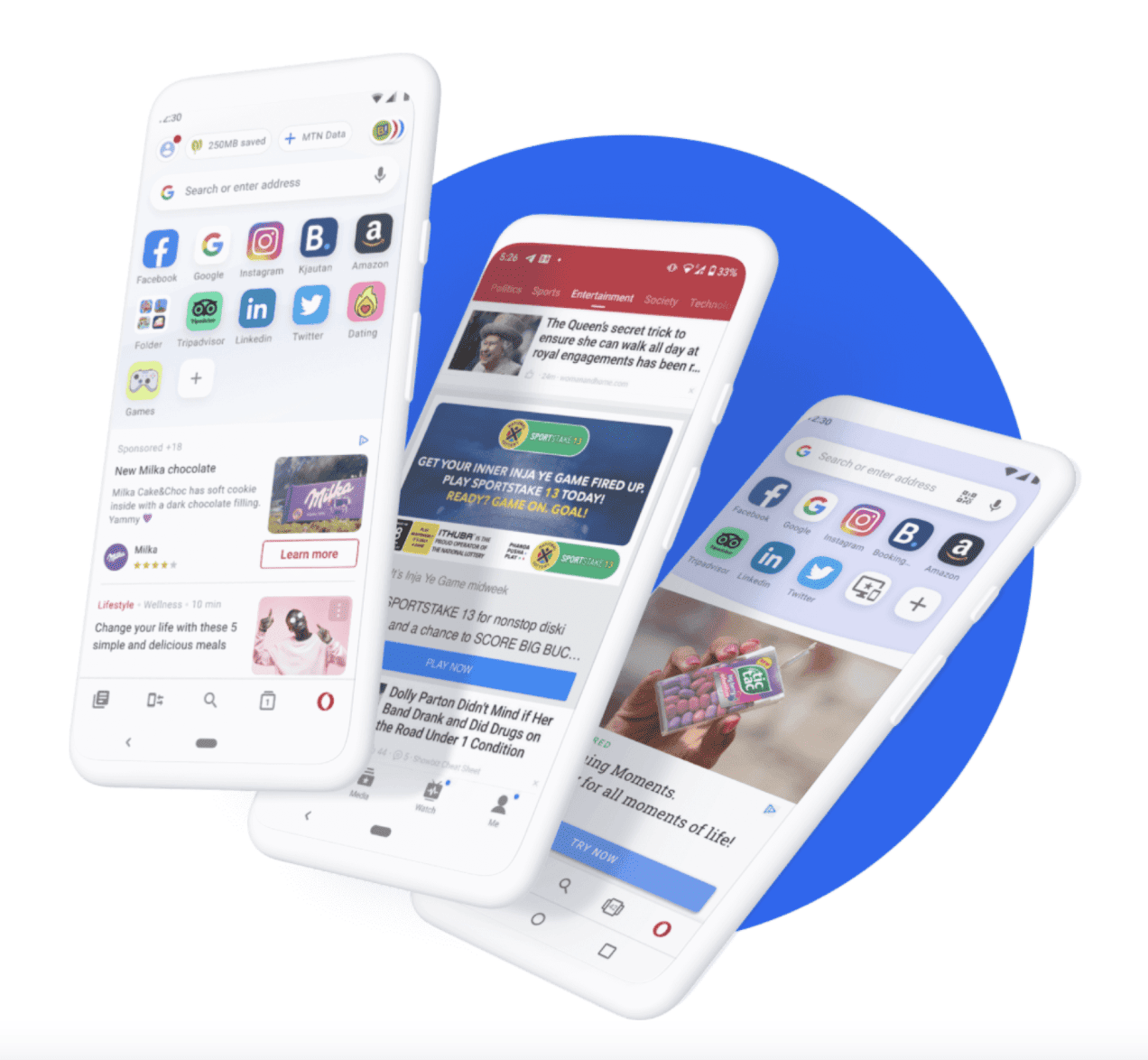 Three smartphones displaying mobile browser screens with native ads integrated into app feeds and news content.