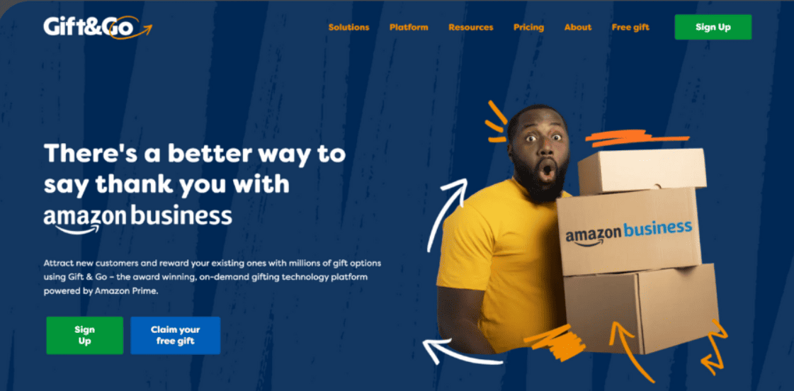 Сase study visual from Xander Marketing for Gift & Go, featuring a man holding Amazon Business boxes and messaging about business gifting solutions.