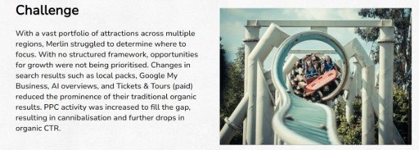Tug сase study “Challenge” section with a paragraph describing difficulties prioritizing growth opportunities across multiple regions and declining organic visibility due to search changes, alongside a photo of a roller coaster track.