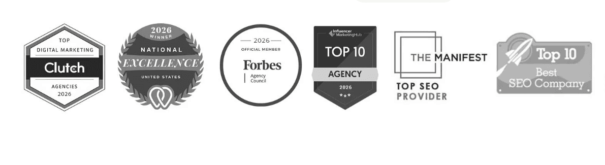 Row of Thrive award and certification badges, including: “Clutch Top Digital Marketing Agencies 2026,” “2026 Winner National Excellence United States,” “2026 Official Member Forbes Agency Council,” “Influencer Marketing Hub Top 10 Agency 2026,” “The Manifest Top SEO Provider,” and “Top 10 Best SEO Company.”