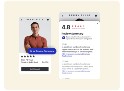 Two mobile app screens for Perry Ellis showing an “AI Review Summary” feature. The left screen shows a product card for a men’s slim fit solid shirt with a 4.8-star rating and a price of $60.00. The right screen shows a review summary panel with a 4.8 rating, a note that the summary is based on 2,654 reviews, and highlights like “Fit,” “Significant number of customers,” and “Look.”