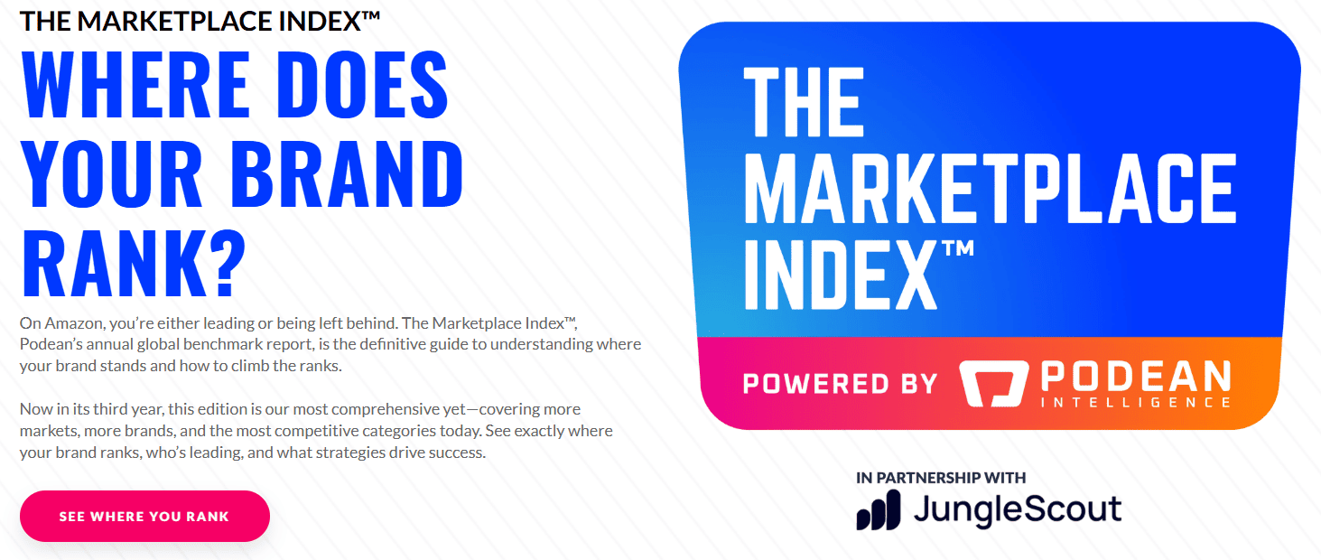 Amazon Marketplace Index report by Podean Intelligence showing brand ranking benchmark and competitive positioning analysis.