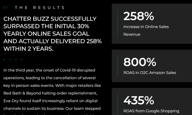 Black “The Results” slide stating Chatter Buzz exceeded a 30% yearly online sales goal and delivered 258% within 2 years, with three KPI cards on the right: 258% increase in online sales revenue, 800% ROAS in D2C Amazon sales, and 435% ROAS from Google Shopping.