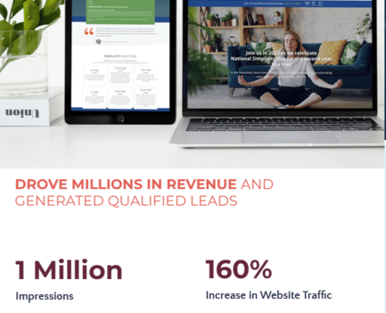Case study results section from Fishbat Media showing the headline “Drove millions in revenue and generated qualified leads” with two key metrics: “1 Million impressions” and “160% increase in website traffic,” displayed alongside a laptop and tablet mockup on a desk.