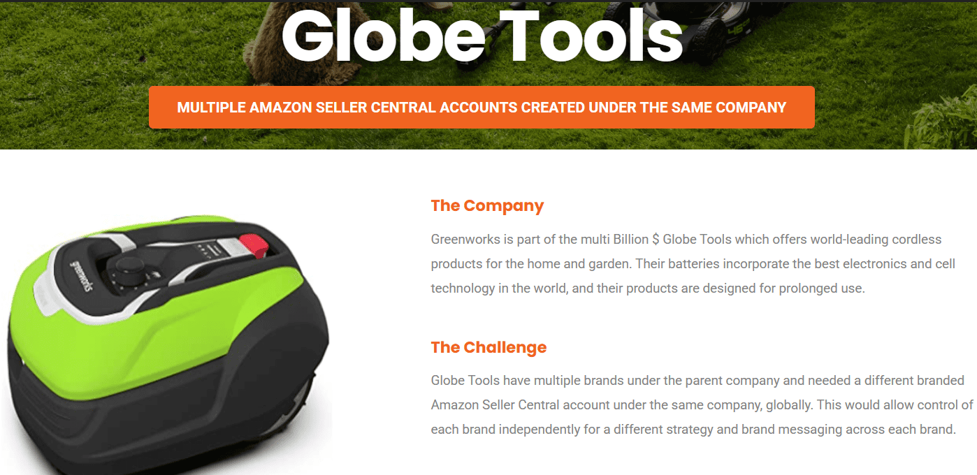 Globe Tools Amazon case study explaining multiple Seller Central accounts created under the same parent company for multi-brand management.