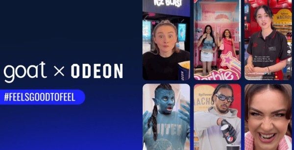 Dark blue “goat × ODEON” campaign graphic with the hashtag “#FEELSGOODTOFEEL” on the left, and a collage of TikTok-style creator video thumbnails on the right featuring multiple people in cinema/uniform and branded-content settings.