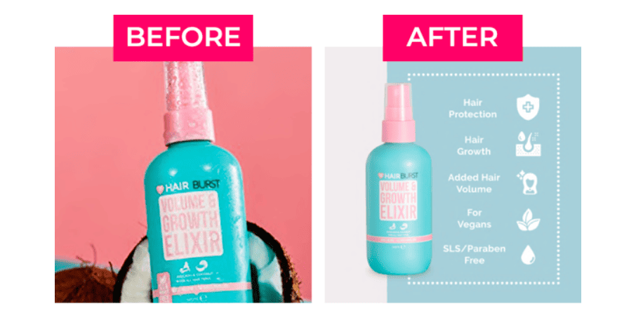 Before and after comparison of Hairburst Volume & Growth Elixir Amazon product images showing optimized listing design and benefit highlights.