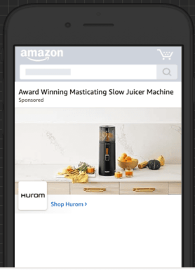 Amazon mobile sponsored ad promoting Hurom award-winning masticating slow juicer machine.