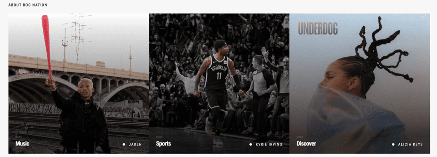 Website section titled “About Roc Nation” showing three large category tiles: Music (Jaden) with a person holding a red bat in an urban scene, Sports (Kyrie Irving) with a basketball player in a crowd, and Discover (Alicia Keys) with a portrait labeled “UNDERDOG”.