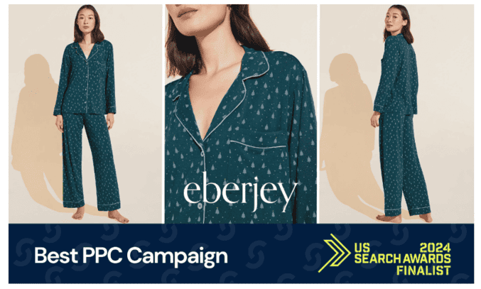 Socium Media case study banner for Eberjey showing a model in teal pajama set and the text “Best PPC Campaign” with a “US Search Awards 2024 Finalist” badge.